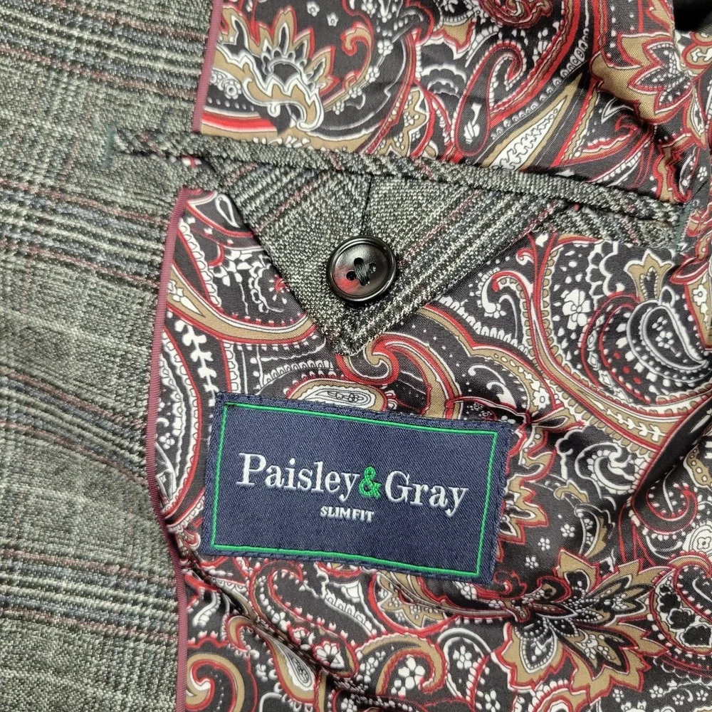 Paisley & Gray Slim Fit Men's 44R Gray Red Blue Plaid Blazer Paisley Liner